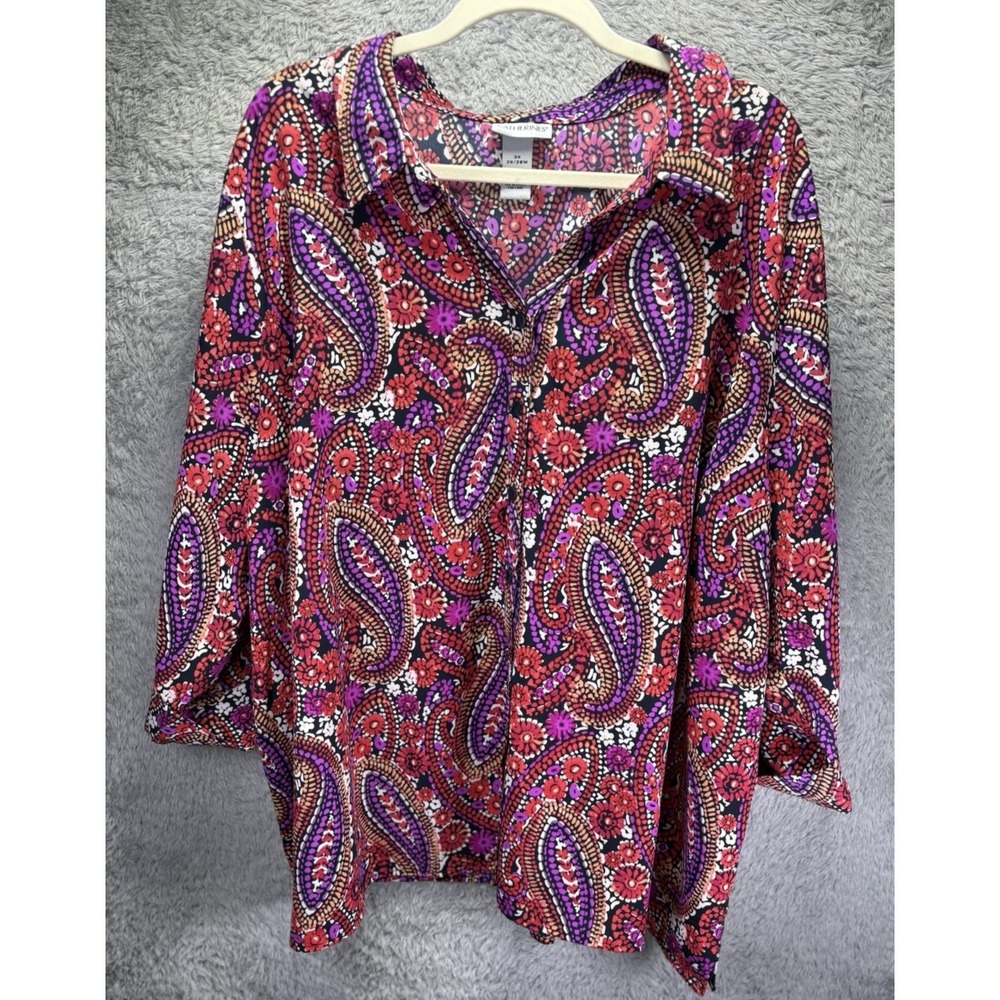 Catherines 3X Button Up Tunic Top Colored Pink Paisley Colorful Office Career
